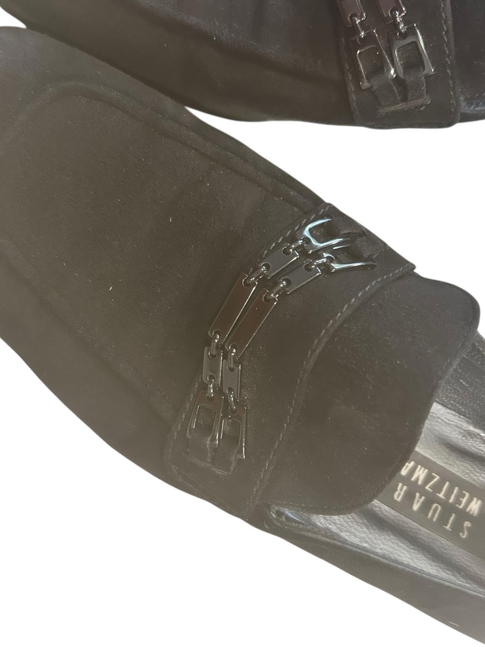 Stuart Weitzman Black Suede Loafer 9.5 B Chain Block Heel dark academia office - Picture 9 of 16